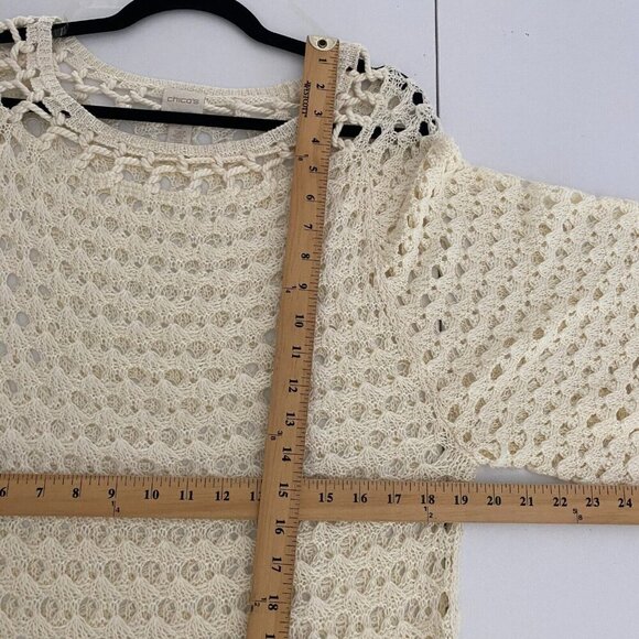 Chicos Crochet Pullover Sweater Size 2 US Large Cream Open Knit 3/4 Sleeves - Picture 9 of 11
